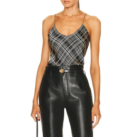 Nili Lotan Isabella Cami Top Black Cream Plaid 100% Silk V-Neck SZ S NWT - Picture 1 of 7